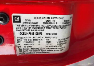 2004 Chevrolet SSR in Red - door jamb label